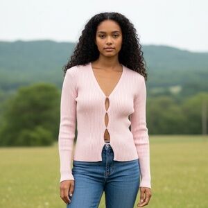 ARDEN B RIBBED KNIT BABY PINK TOP V-NECK KEYHOLE DESIGN PULLOVER SZ XL BRAND NEW